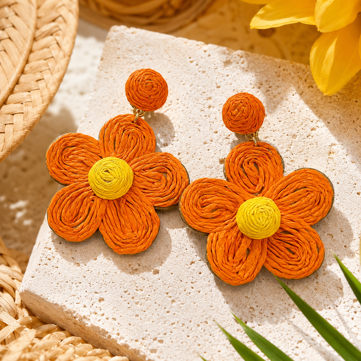 Orange Woven Raffia Flower Statement Earrings
