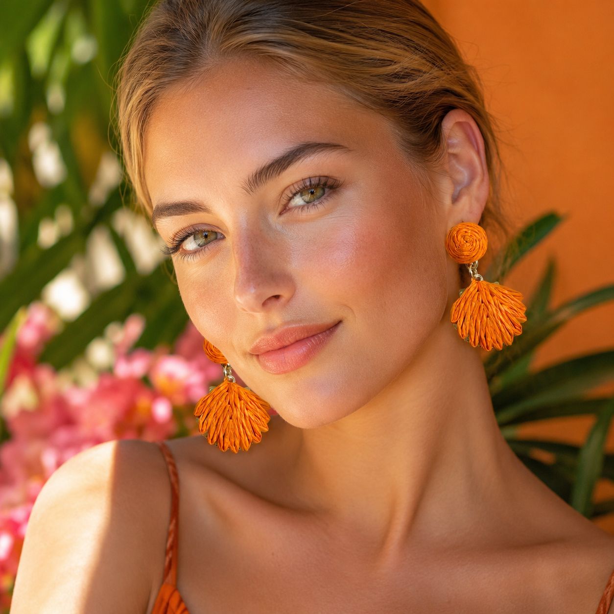 Orange Woven Raffia Fan Drop Earrings