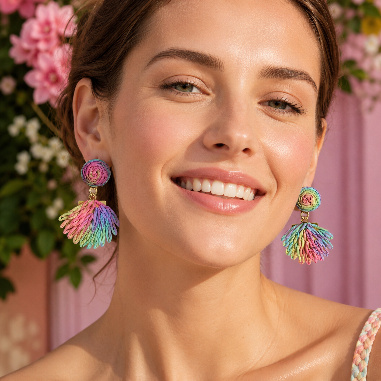 Pastel Multi-Color Woven Raffia Fan Drop Earrings