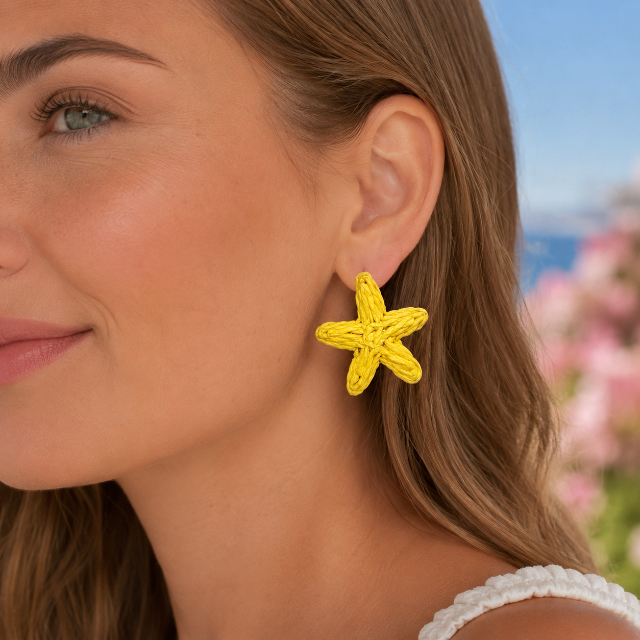 Yellow Woven Raffia Starfish Earrings