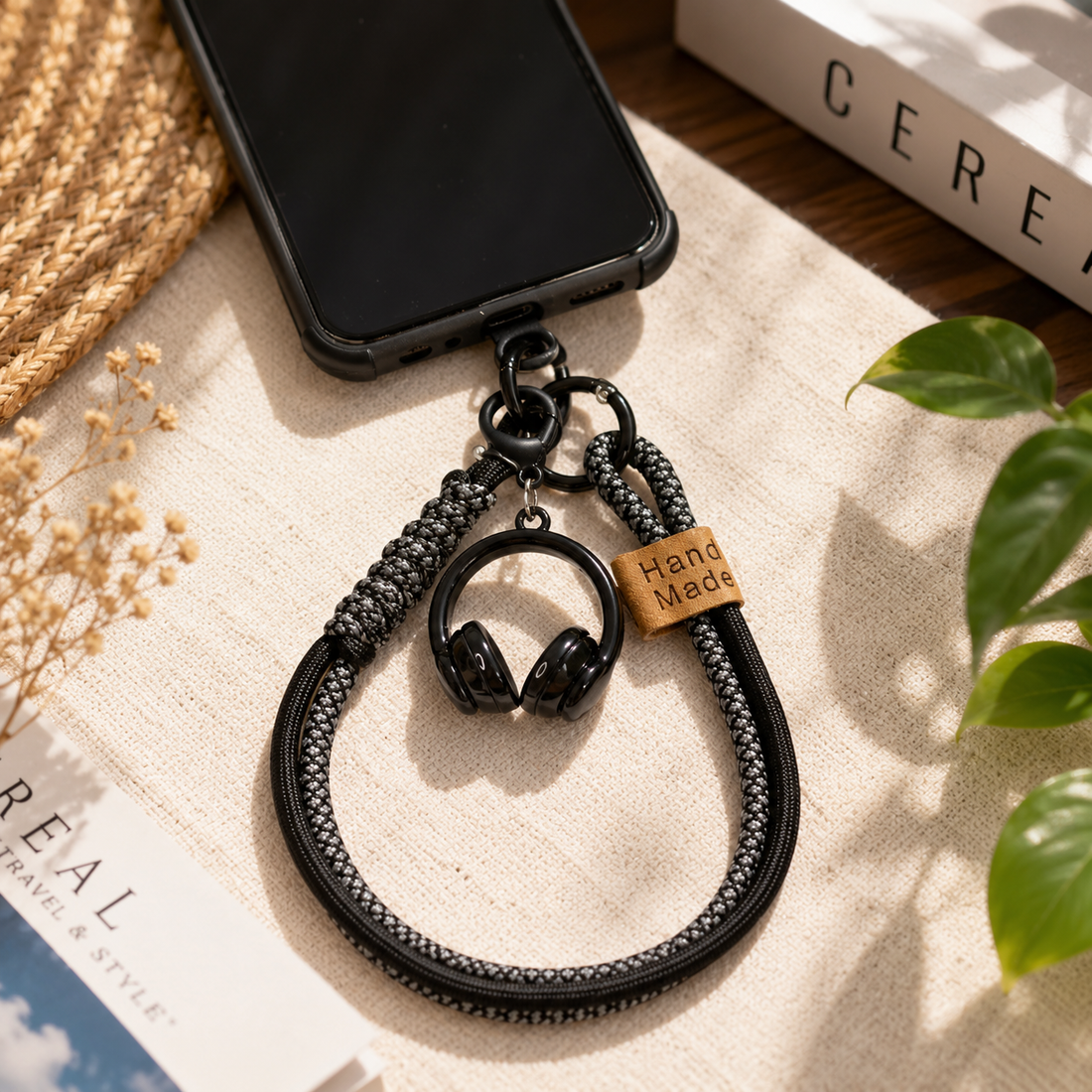 Handmade Black Mobile Strap with Headphone Charm