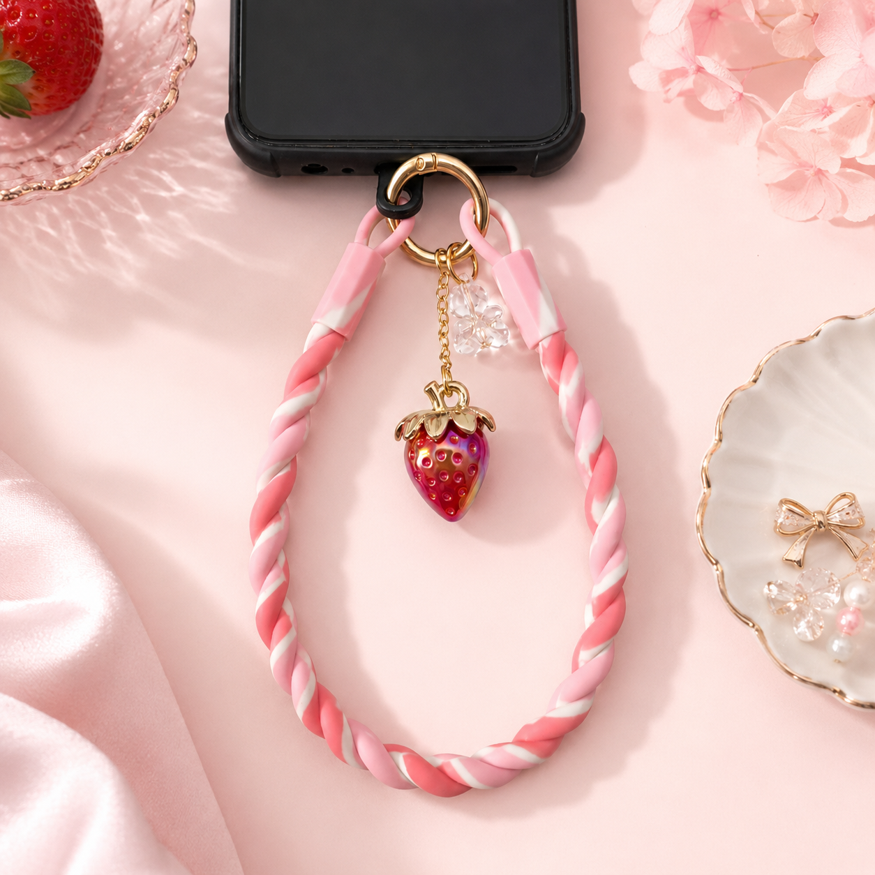 Pink Swirl Silicone Wrist Strap with Strawberry Charm