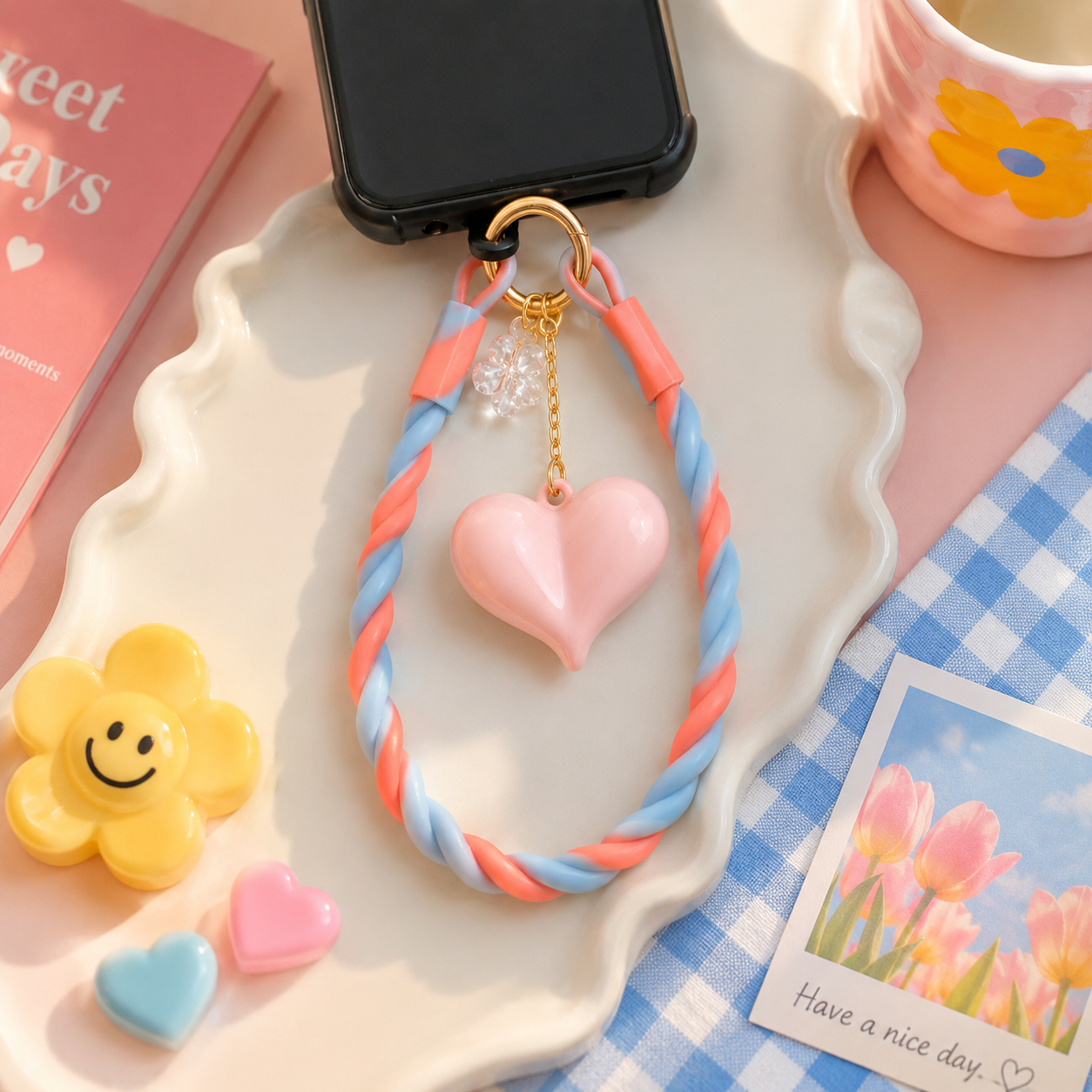 Pastel Swirl Silicone Wrist Strap with Pink Heart Charm