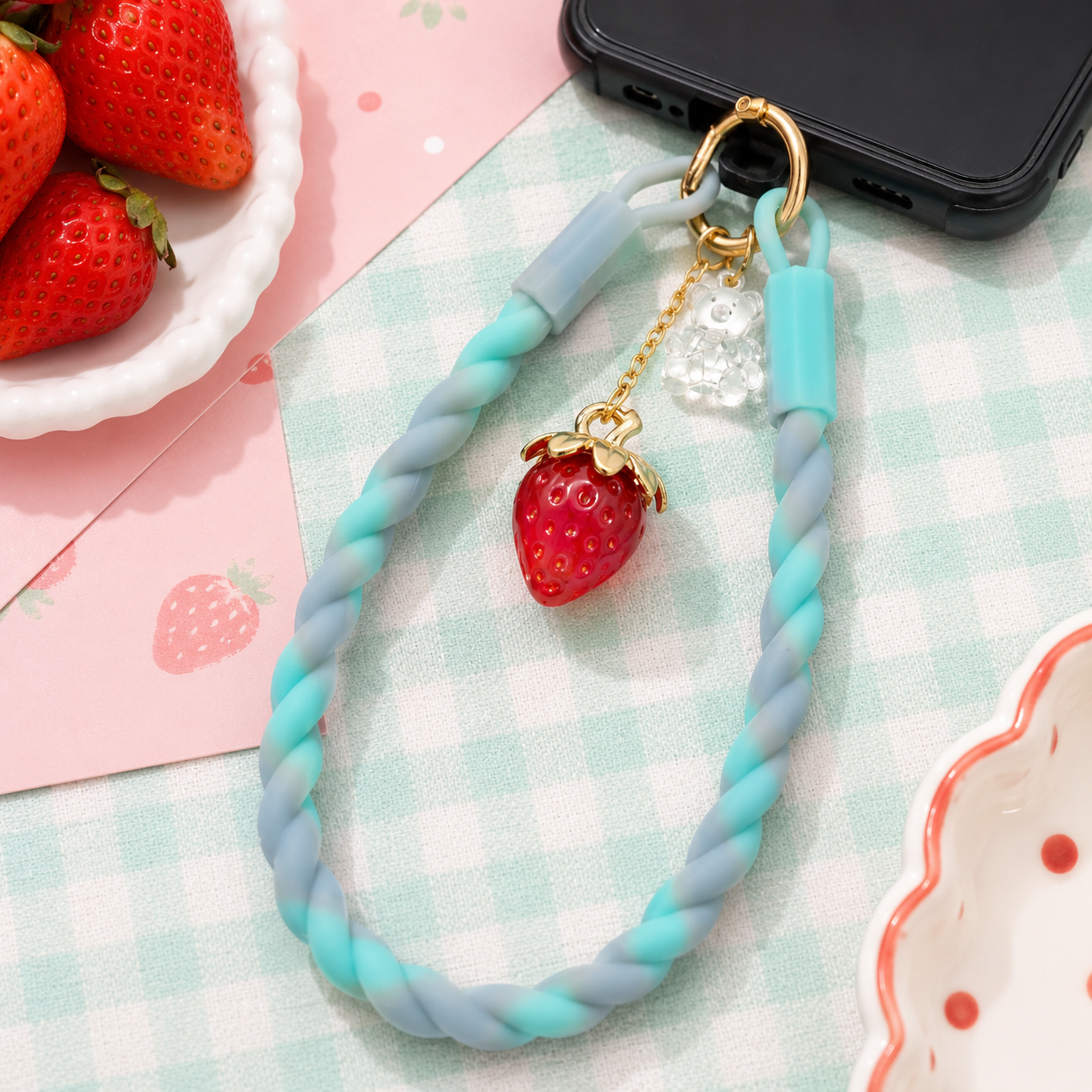 Turquoise Swirl Silicone Wrist Strap with Strawberry Charm