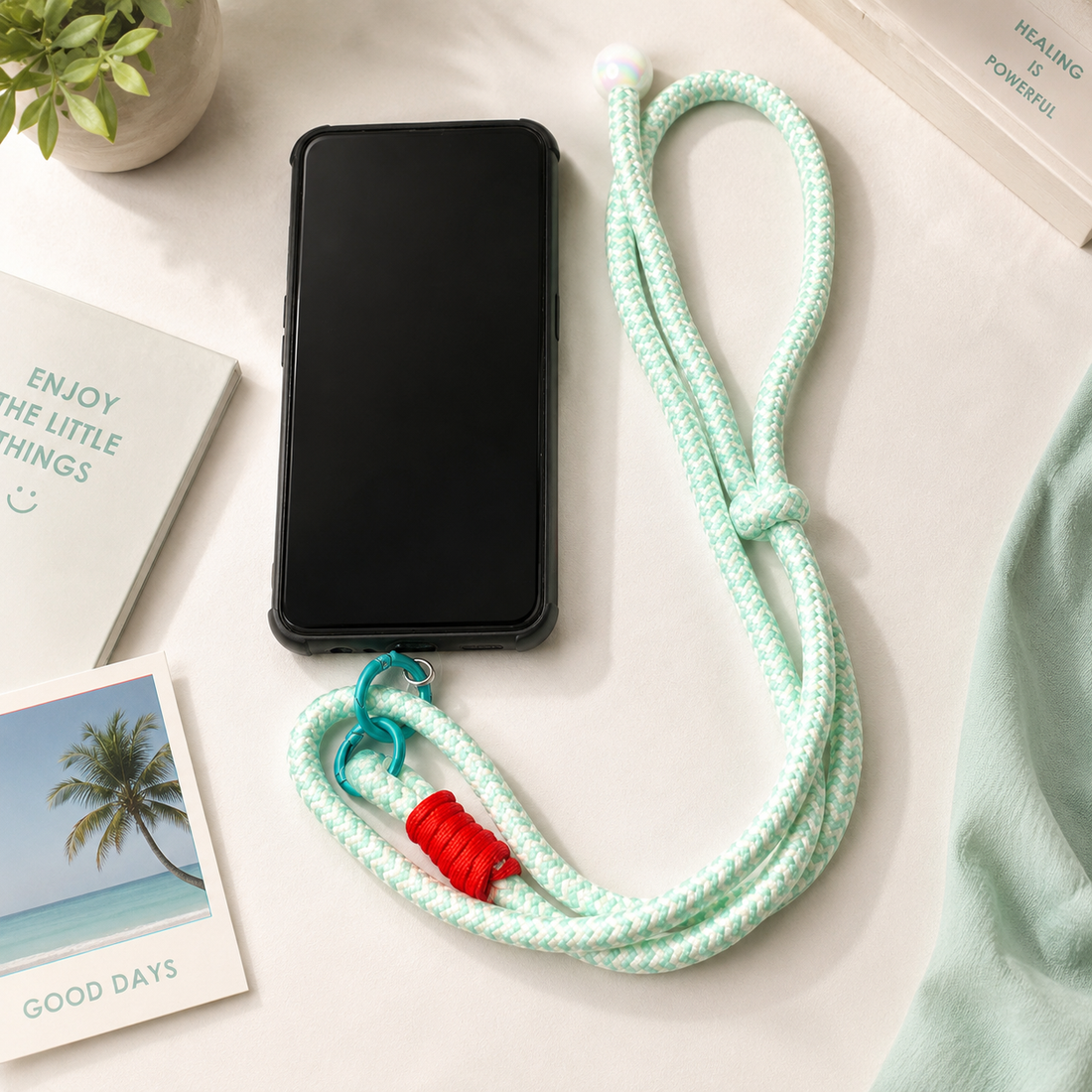 Mint &amp; White Braided Crossbody Mobile Lanyard