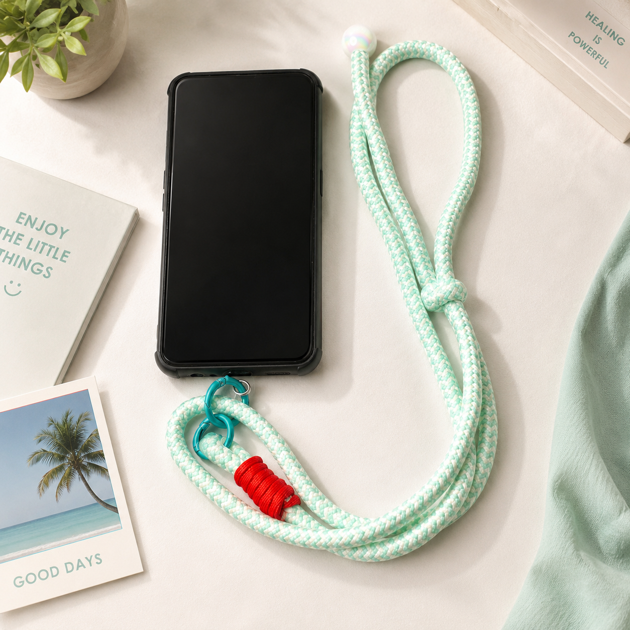 Mint &amp; White Braided Crossbody Mobile Lanyard