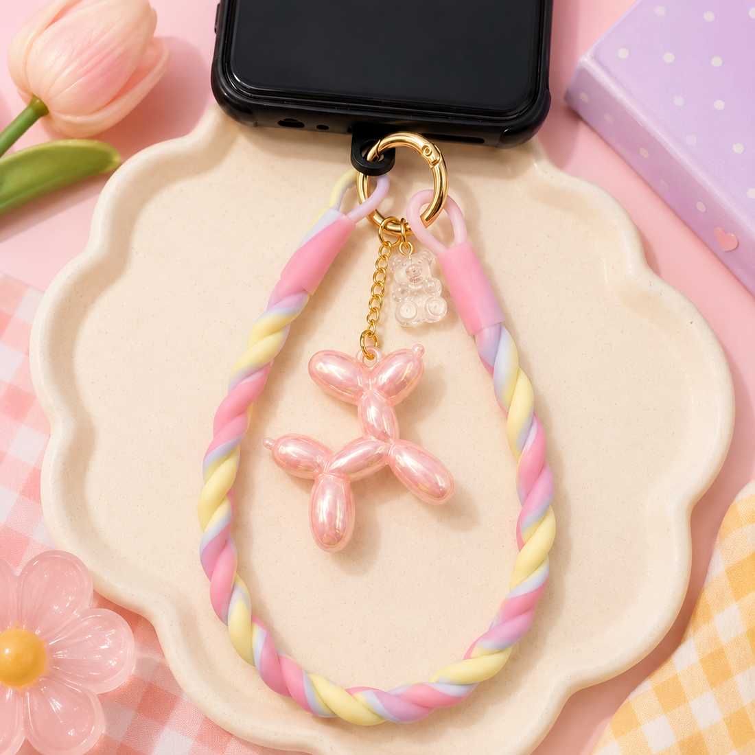 Pastel Swirl Silicone Wrist Strap with Pink Balloon Dog Charm