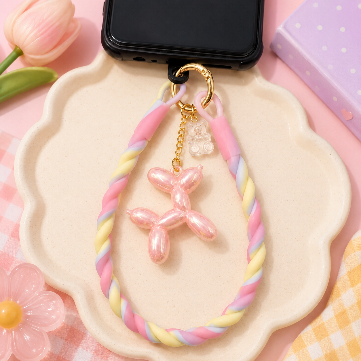 Pastel Swirl Silicone Wrist Strap with Pink Balloon Dog Charm