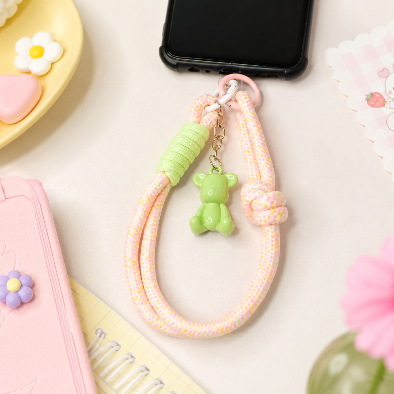 Pastel Braided Mobile Wrist Strap with Green Bear Charm