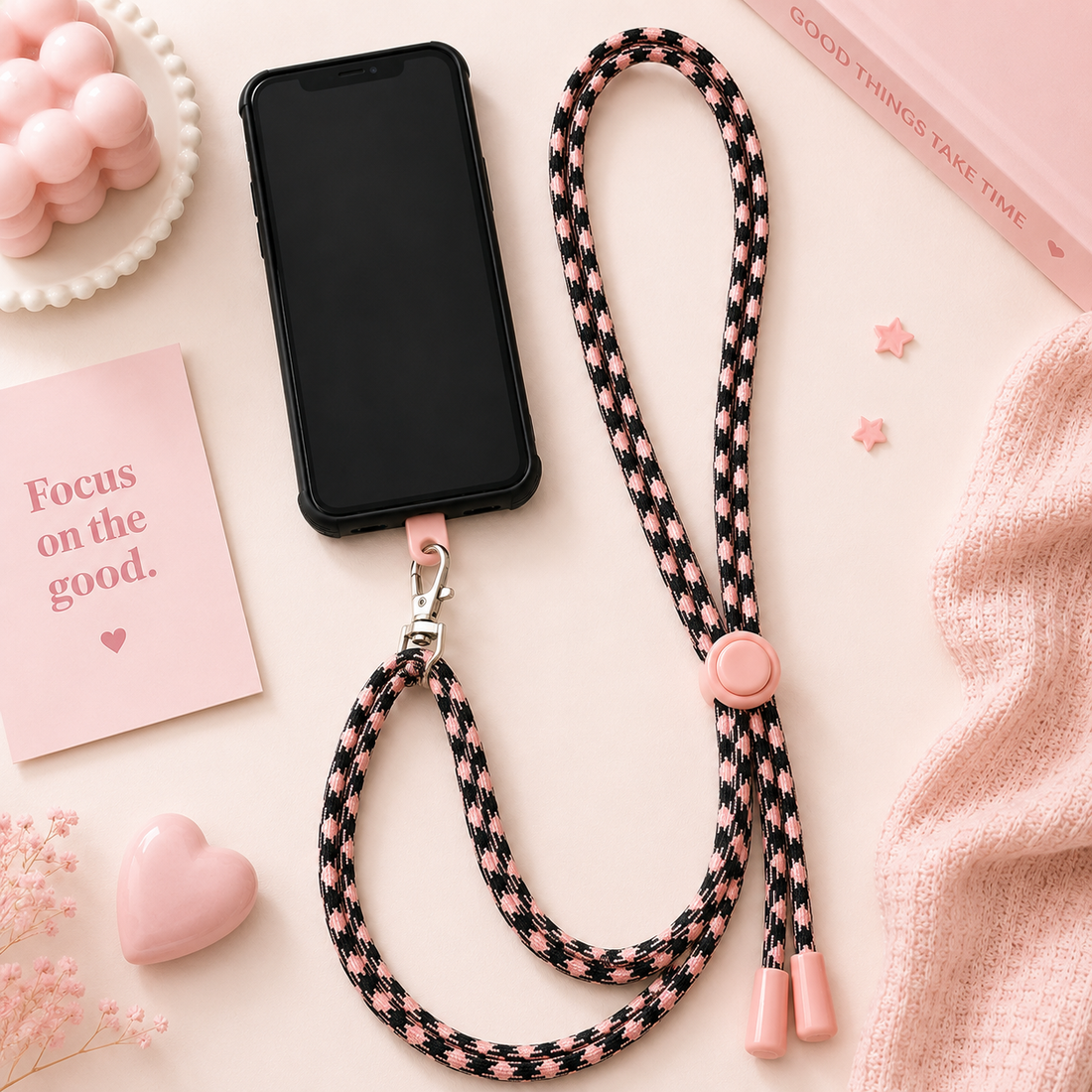 Pink &amp; Black Braided Mobile Lanyard