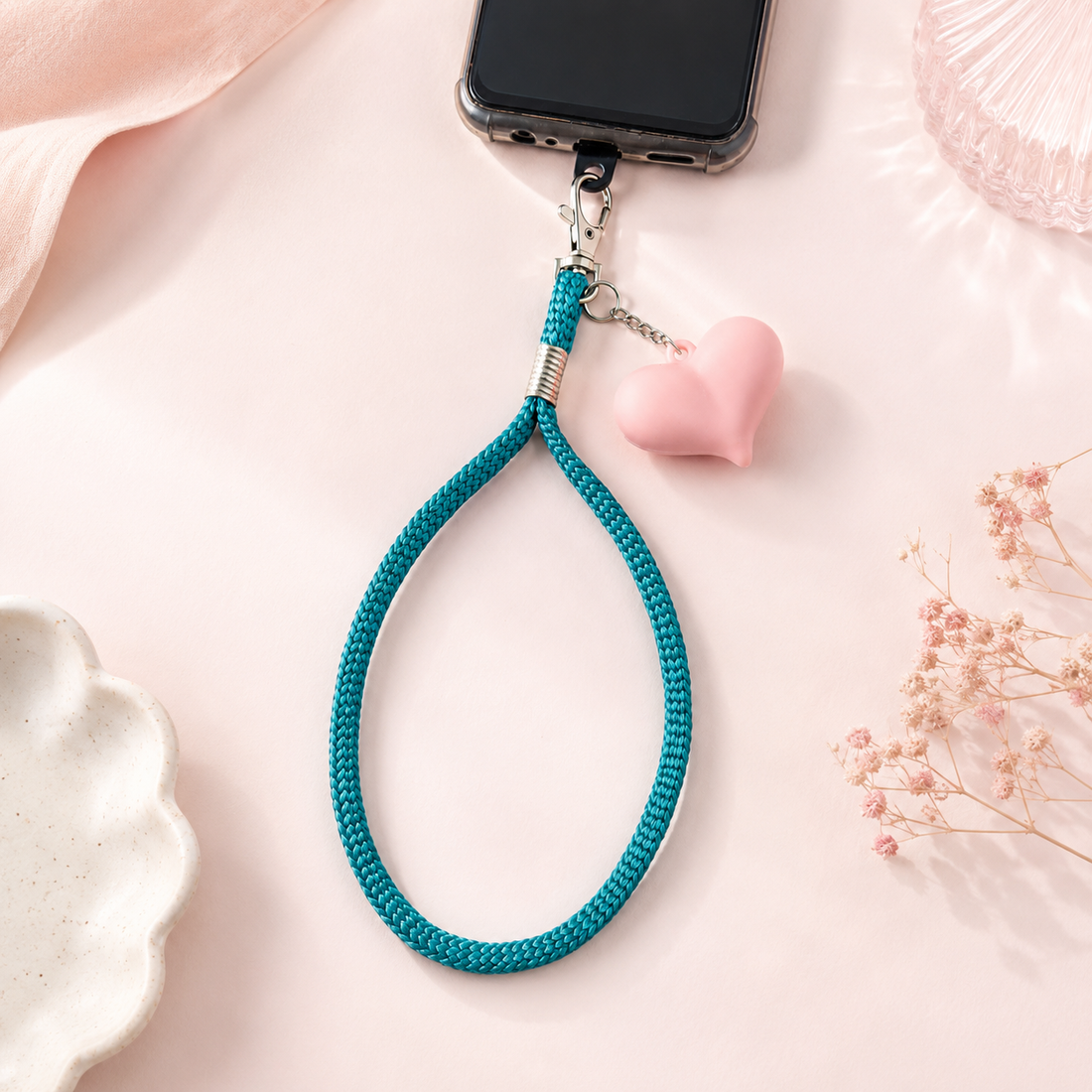 Turquoise Woven Wrist Mobile Strap with Pink Heart Charm