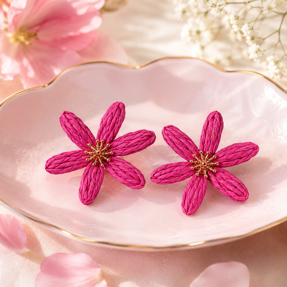 Hot Pink Woven Raffia Daisy Earrings