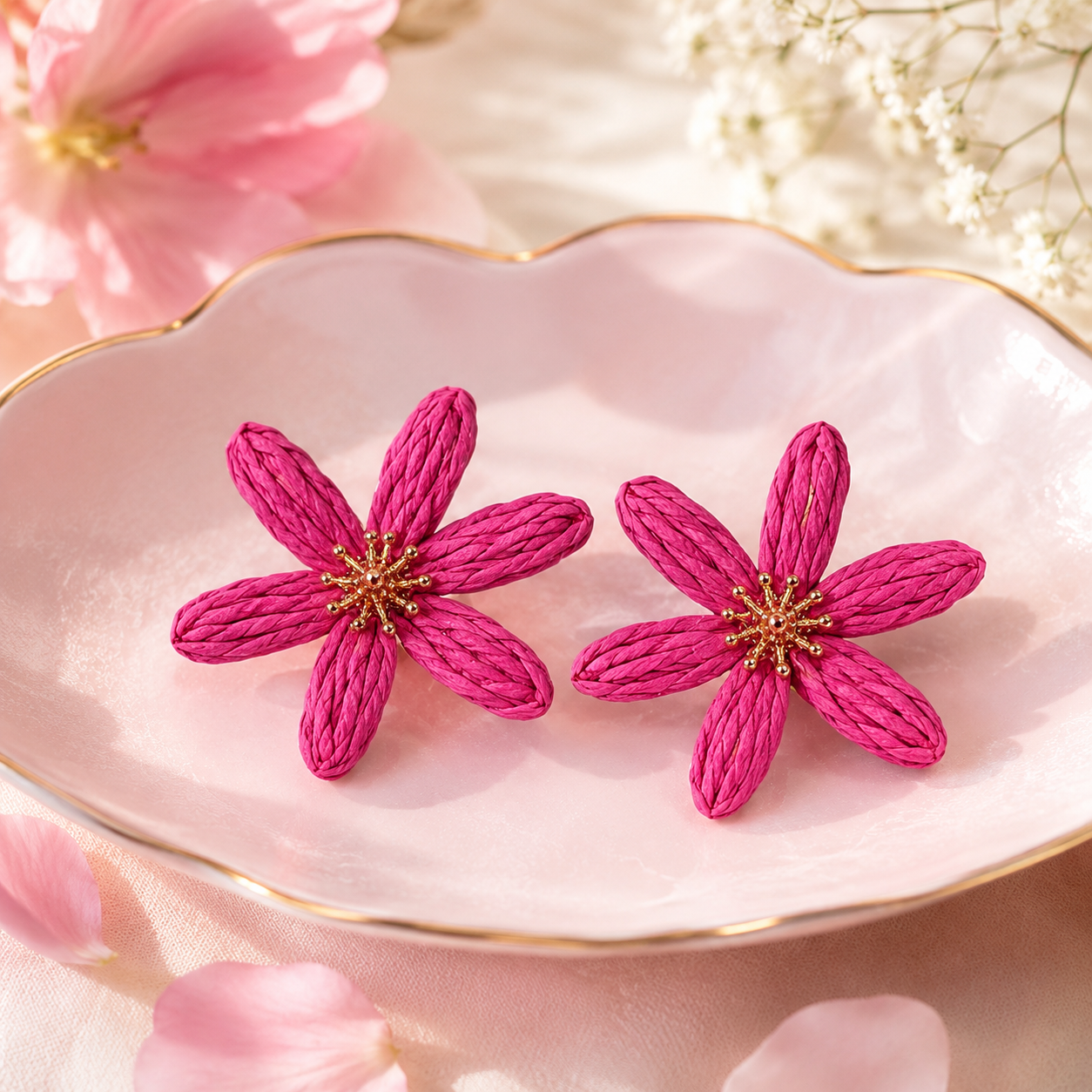 Hot Pink Woven Raffia Daisy Earrings