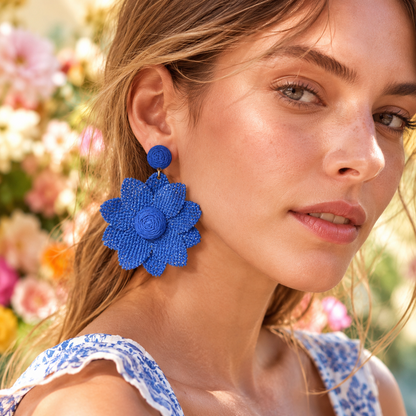 Royal Blue Woven Raffia &amp; Burlap Flower Earrings