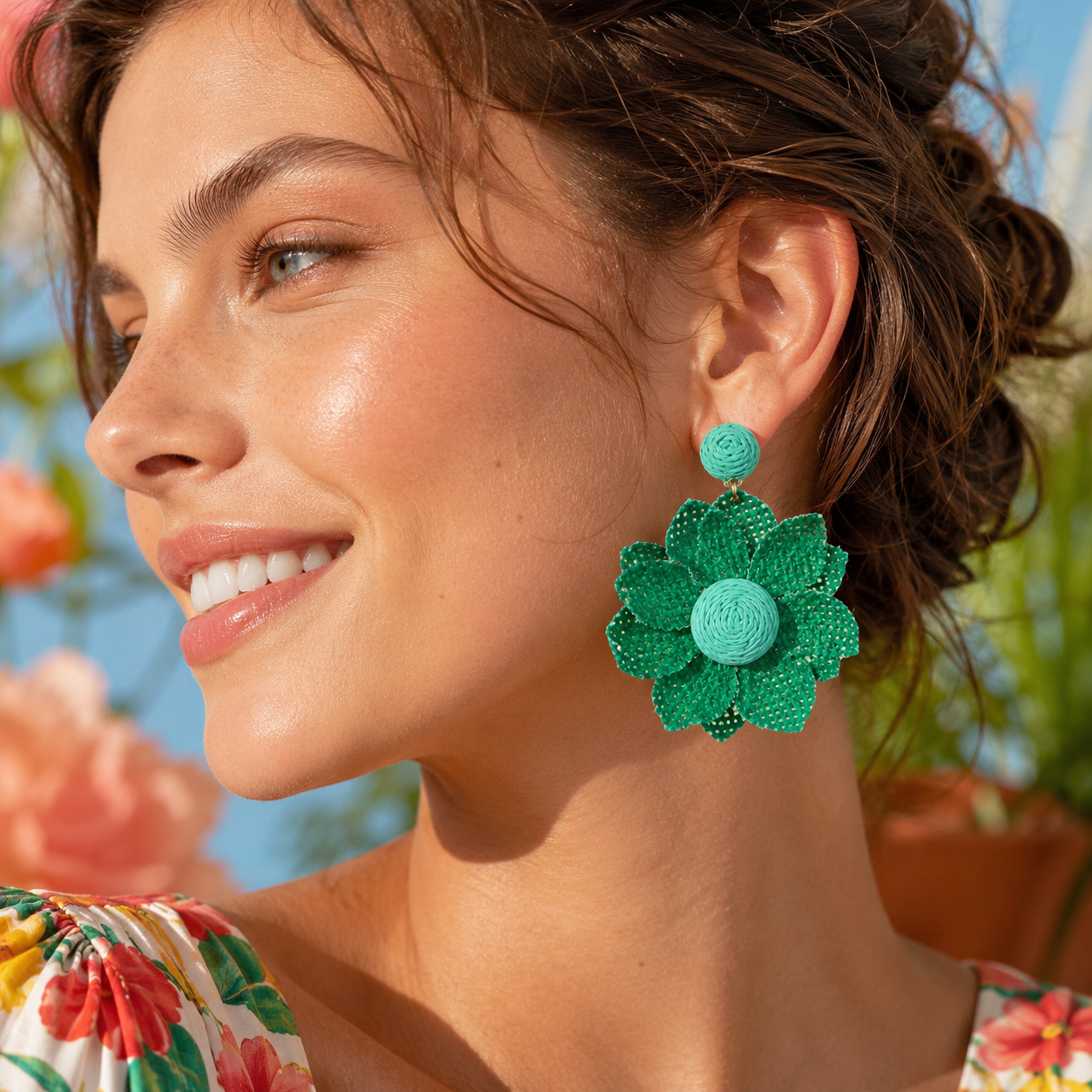 Emerald Green Woven Raffia &amp; Burlap Flower Earrings