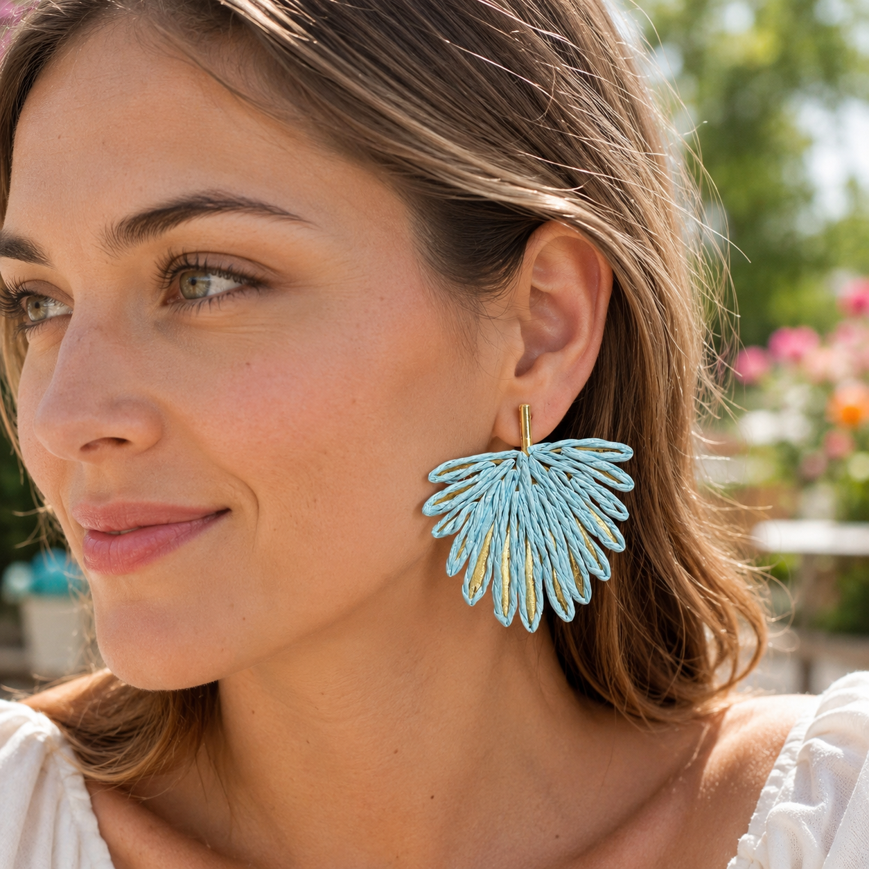 Light Blue Woven Raffia Fan Statement Earrings