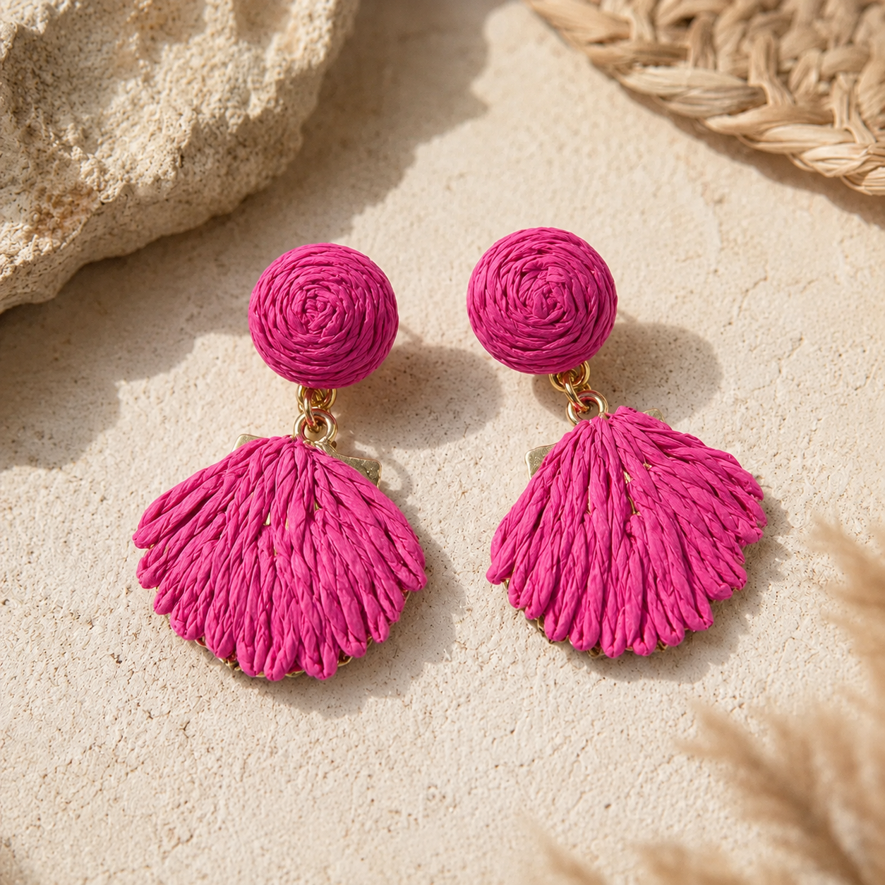 Hot Pink Woven Raffia Fan Drop Earrings