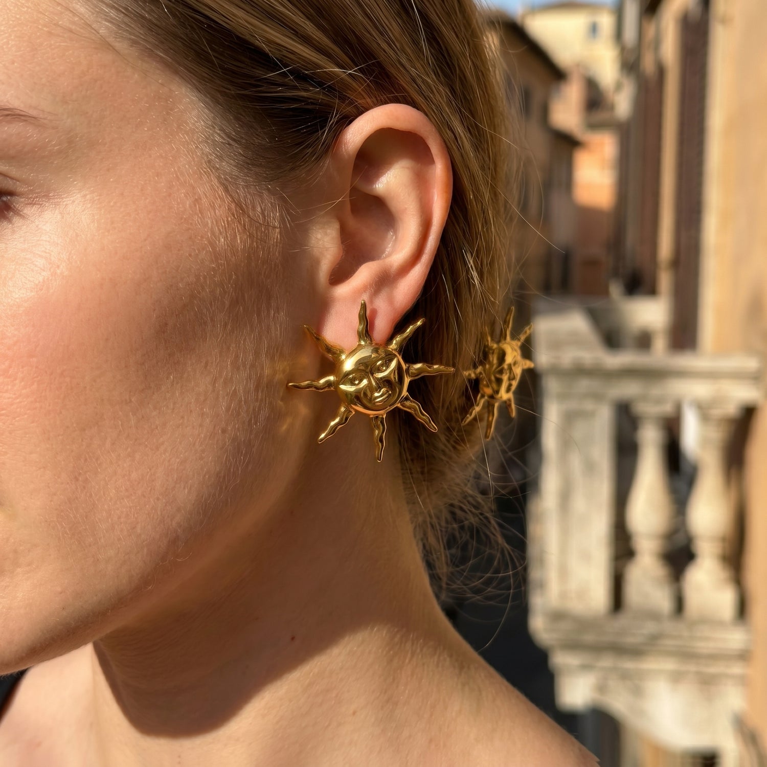 Celestial Gold Sun Face Stud Earrings