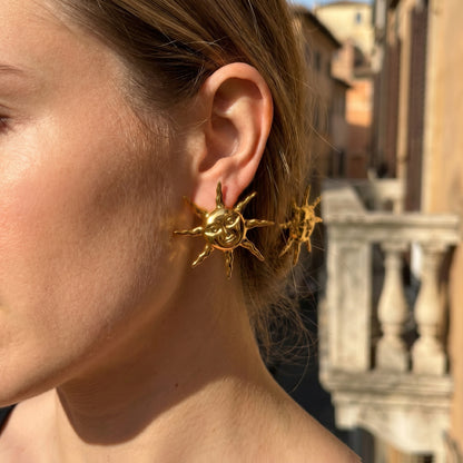 Celestial Gold Sun Face Stud Earrings