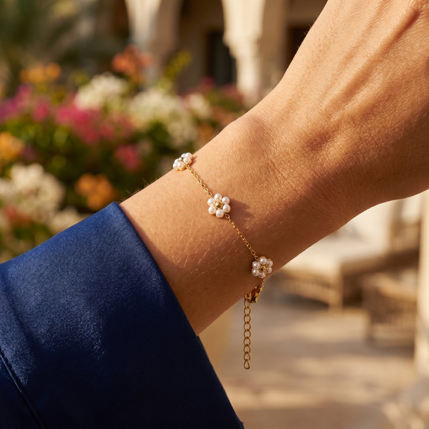 Stainless Steel Pearl Daisy Bracelet