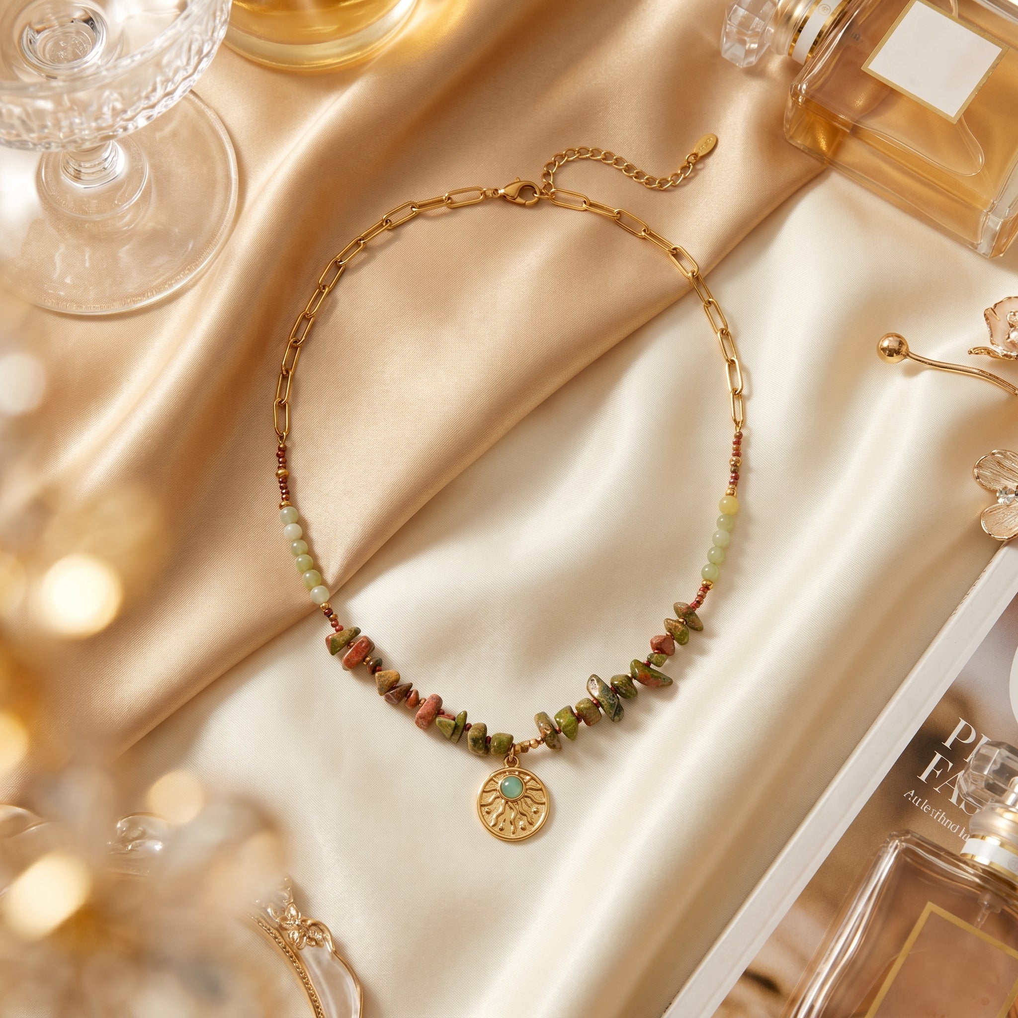 Bohemian Olive &amp; Earth Stone Sun Necklace