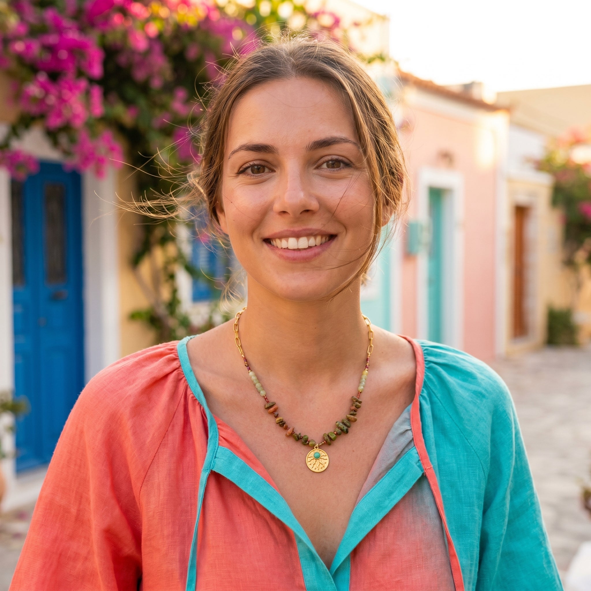 Bohemian Olive &amp; Earth Stone Sun Necklace