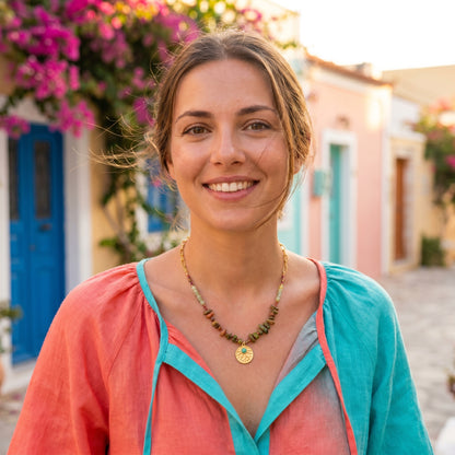 Bohemian Olive &amp; Earth Stone Sun Necklace