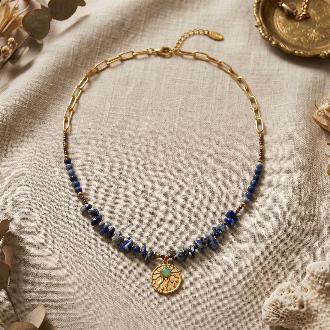 Mystic Sol Blue Stone Sun Charm Necklace