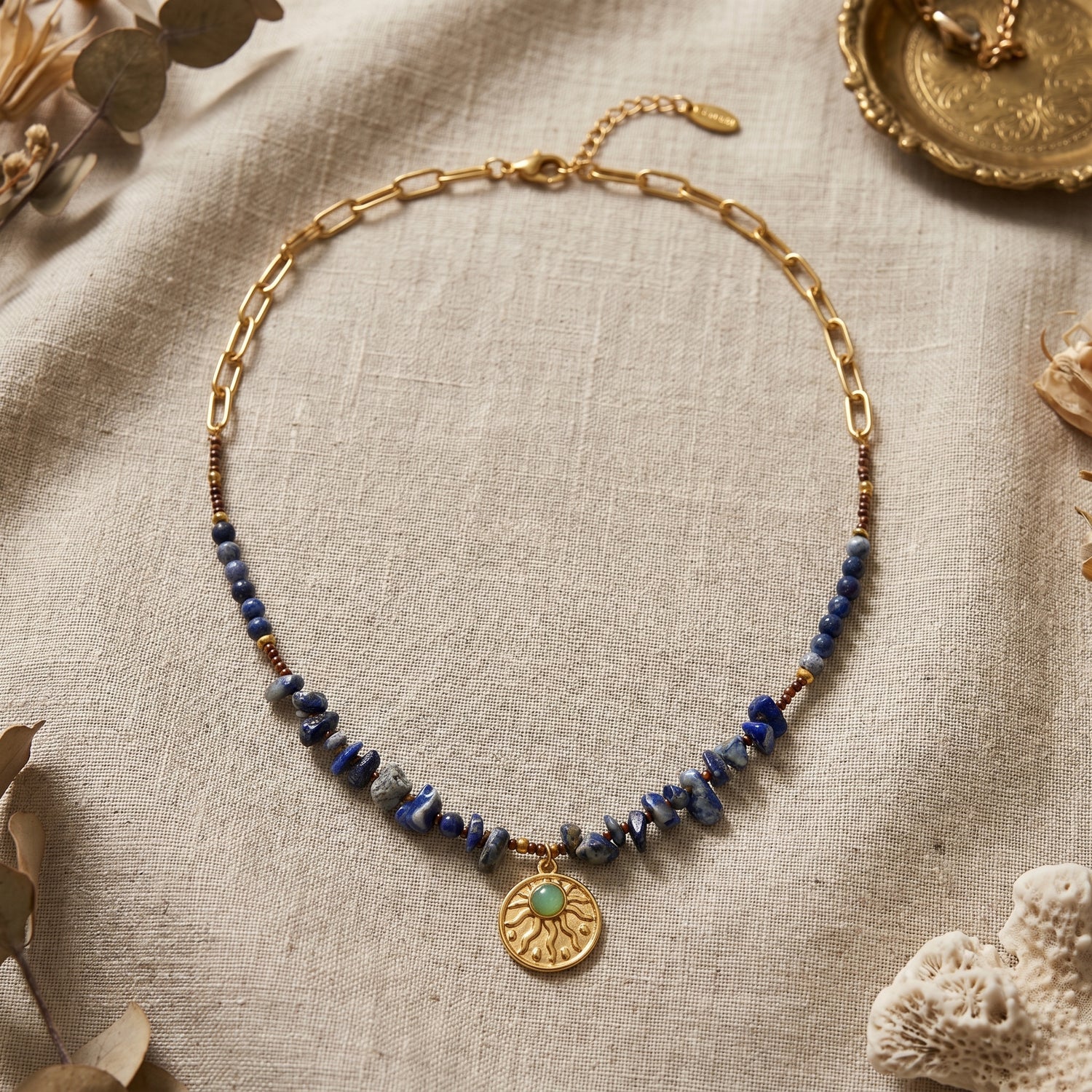 Mystic Sol Blue Stone Sun Charm Necklace