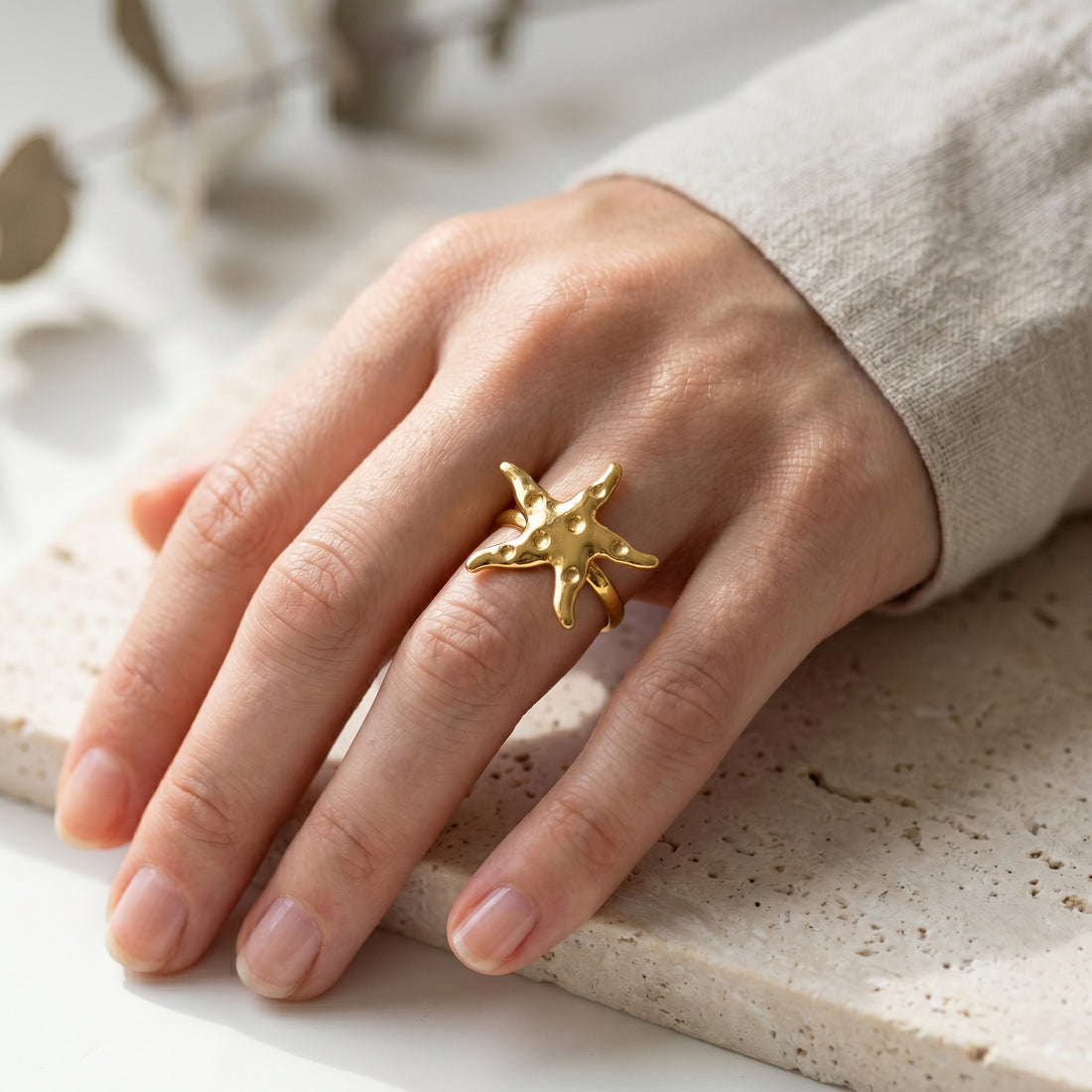 Gold Starfish Free Size Ring