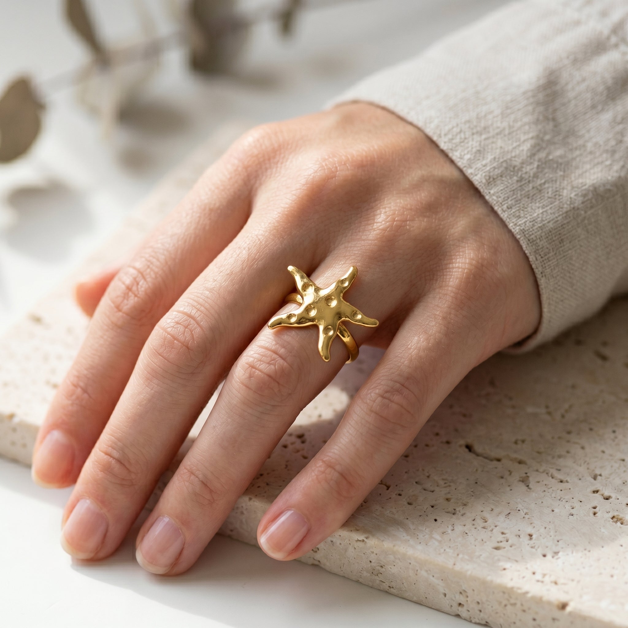 Gold Starfish Free Size Ring