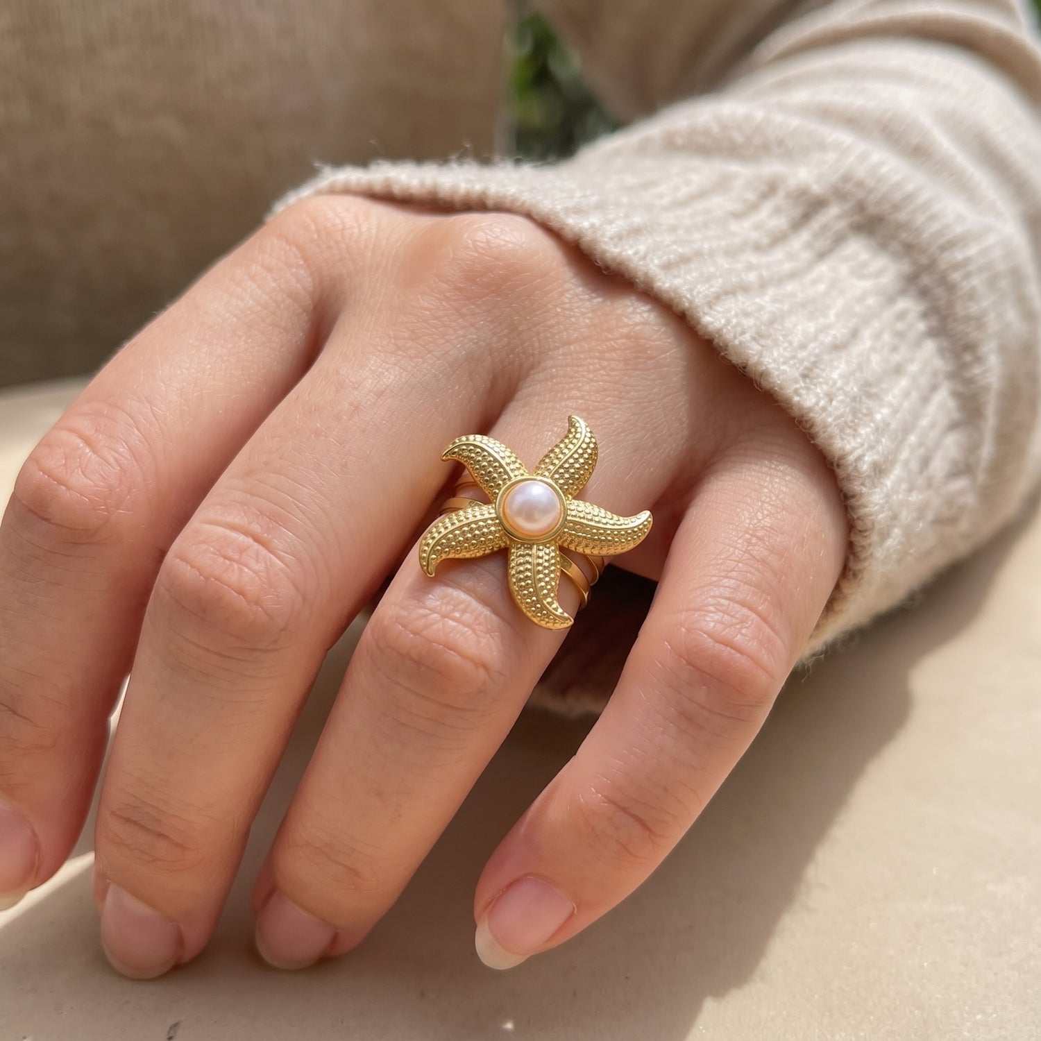 Pearl Starfish Free Size Ring