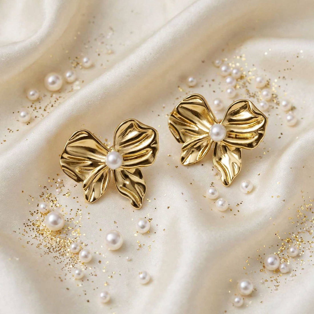 Golden Petal Bow Studs – Pearl Center