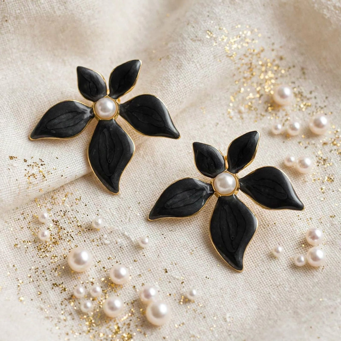 Midnight Bloom Studs – Black Flower with Pearl
