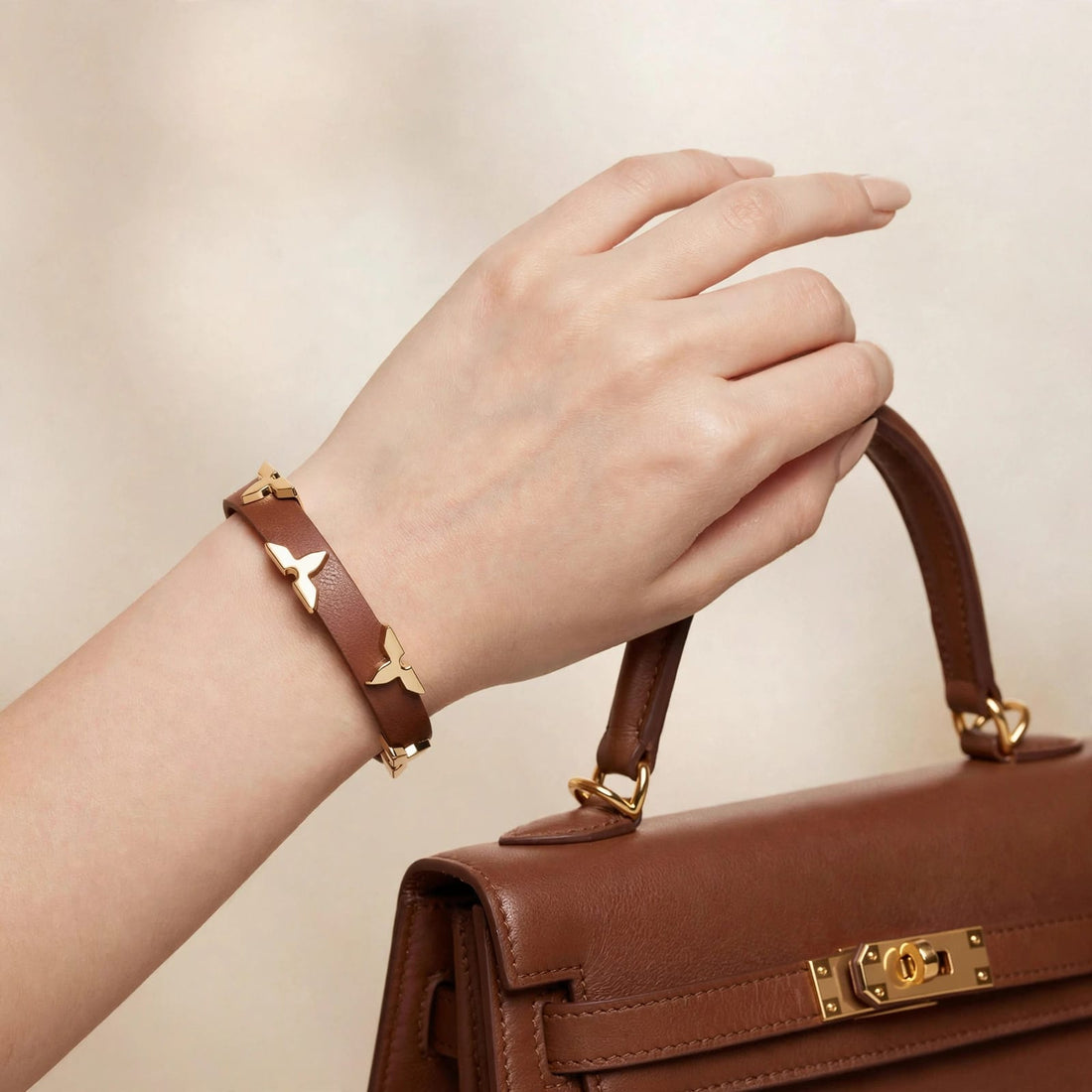 Bloom Monogram Leather Bracelet – Camel Brown &amp; Gold Edition