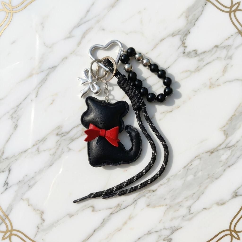 Black Cat Bag Charm with Red Bow