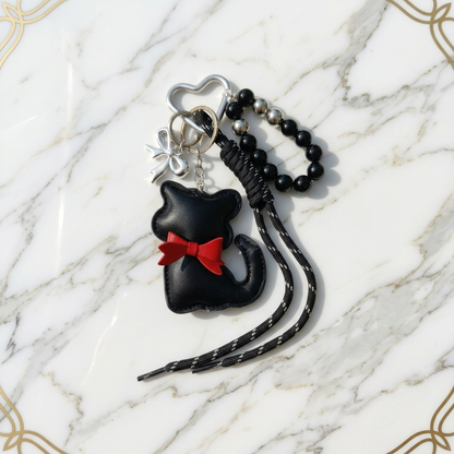 Black Cat Bag Charm with Red Bow
