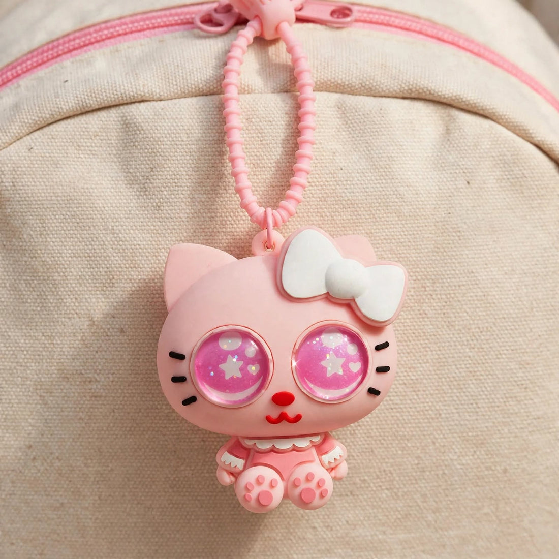 Dreamy Kitty Sparkle Backpack Charm - Glitter Eyes Pink Keychain