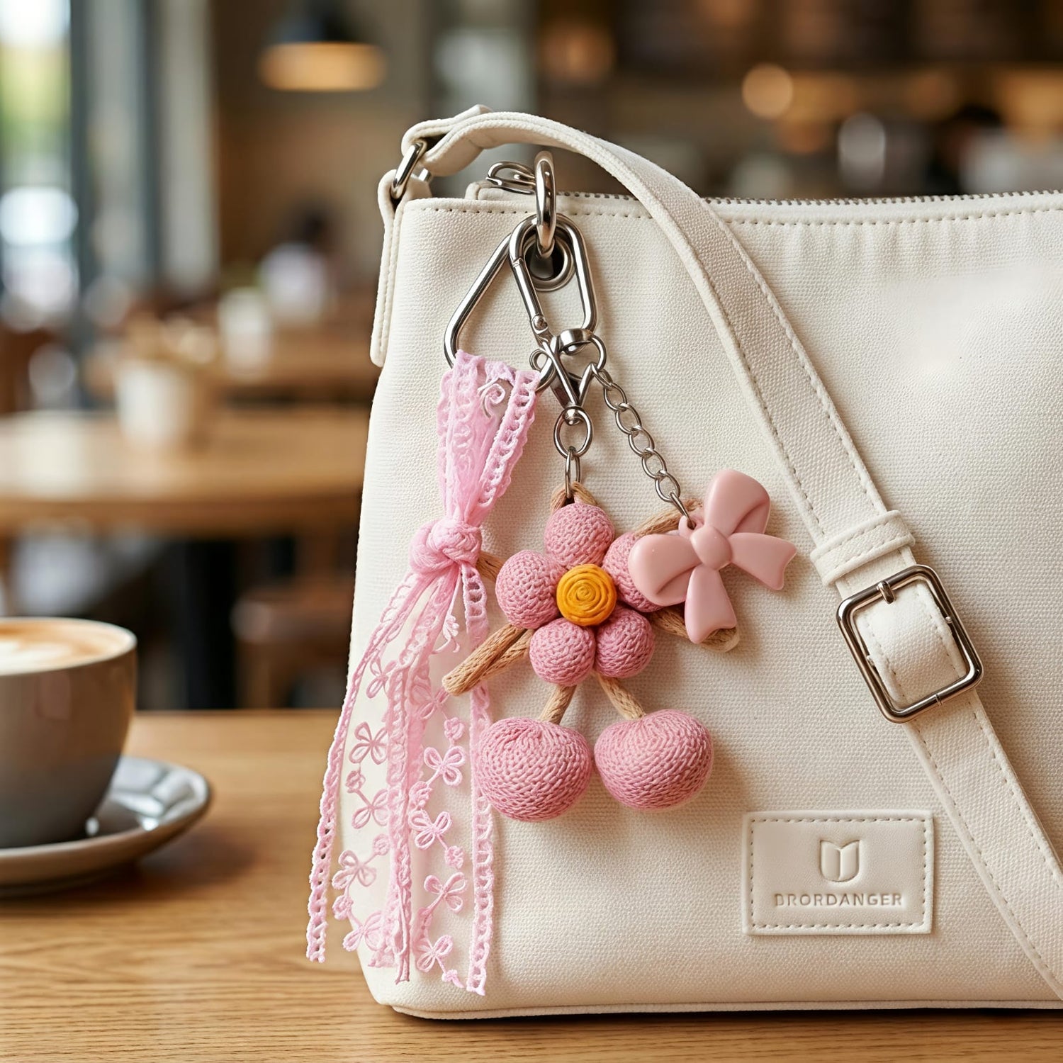 Pink Fabric Flower Charm with Bow &amp; Ribbon