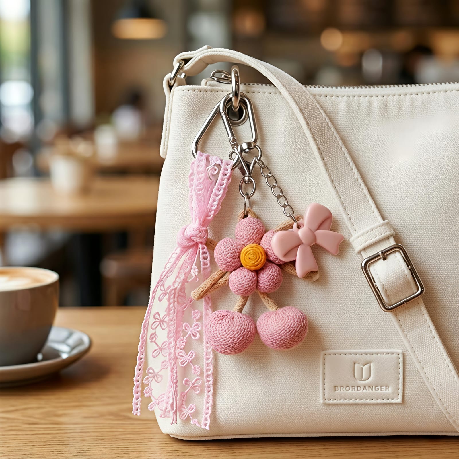 Pink Fabric Flower Charm with Bow &amp; Ribbon