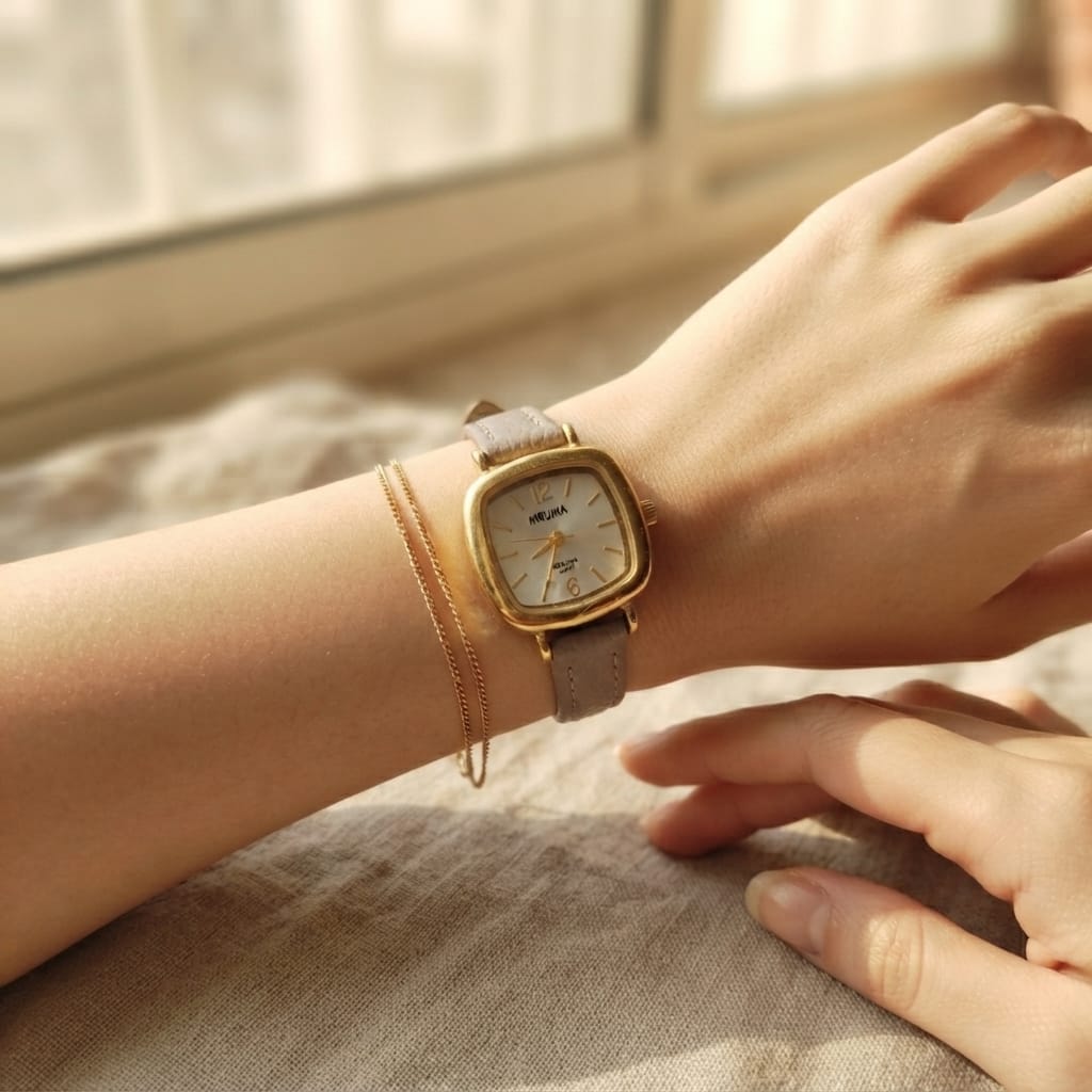 Vintage Square Leather Watch – Beige