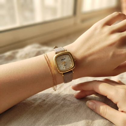 Vintage Square Leather Watch – Beige