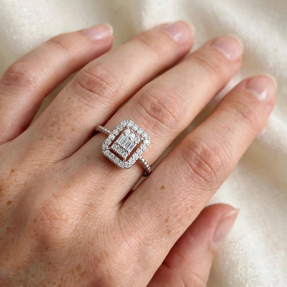 Diamond Royale – Double Halo Emerald Baguette Ring