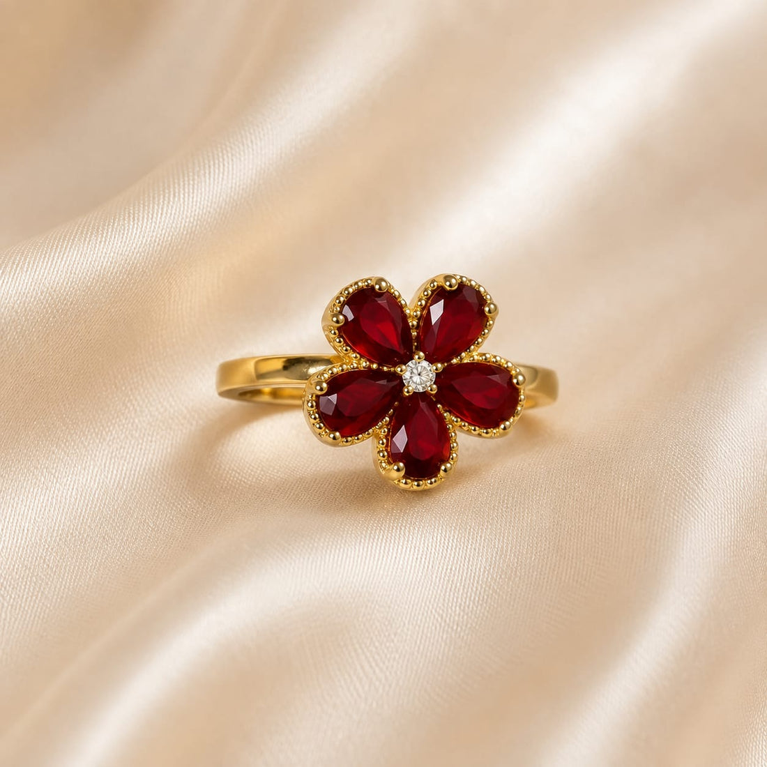 Scarlet Blossom Ring – Ruby Flower Gold Ring