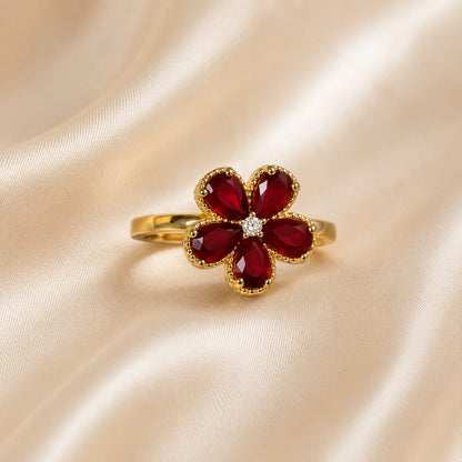 Scarlet Blossom Ring – Ruby Flower Gold Ring