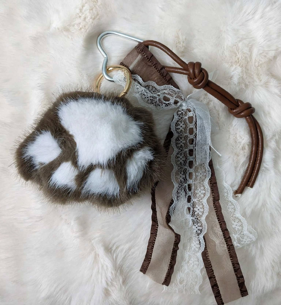 Cozy Paw Bag Charm – Fluffy Faux Fur Dog Paw with Lace &amp; Brown Ribbon Tassels