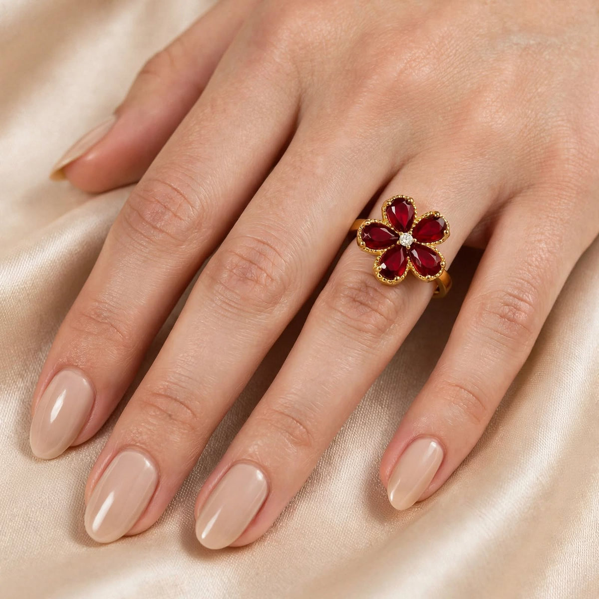 Scarlet Blossom Ring – Ruby Flower Gold Ring