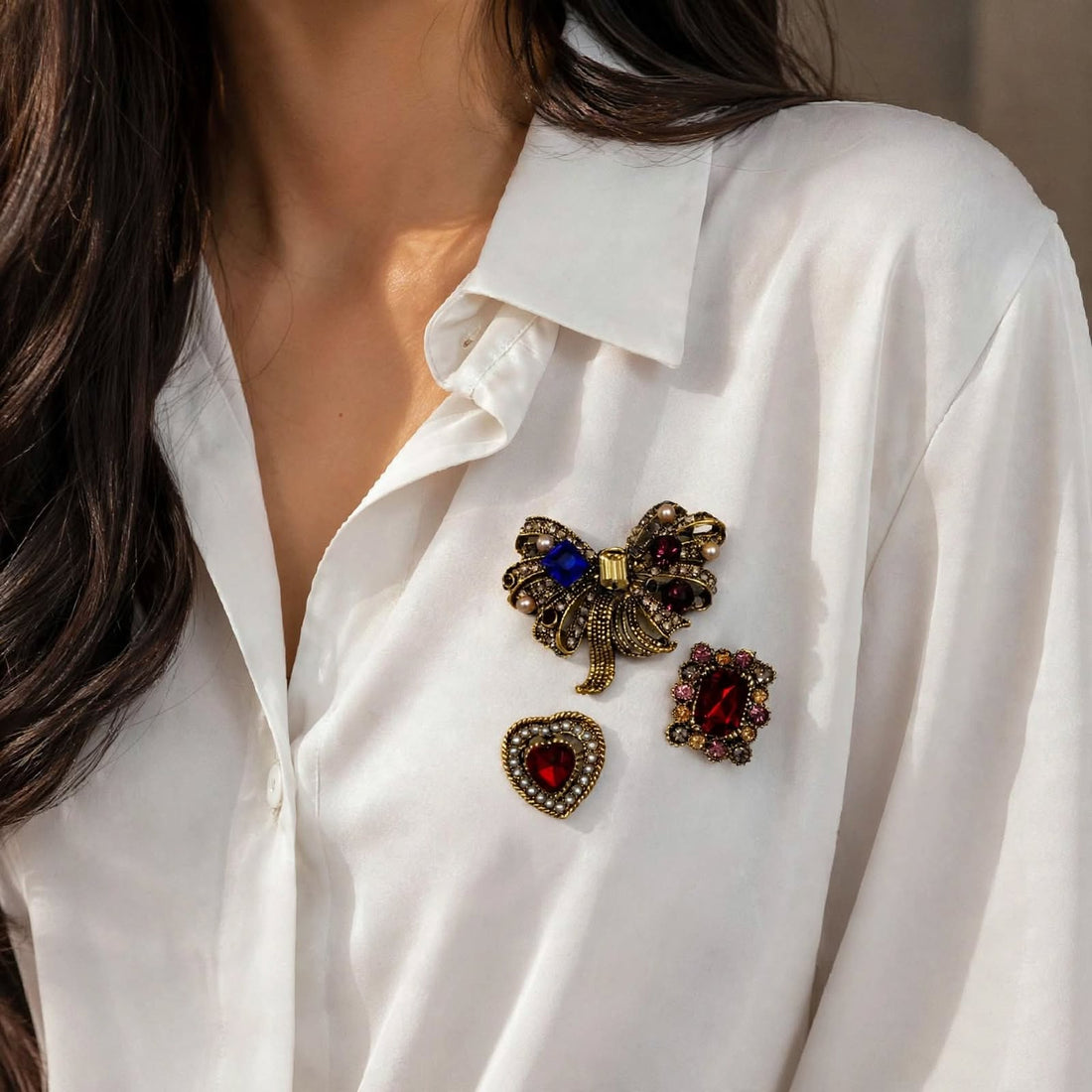 Crimson Bow &amp; Heart Duo Brooch Set