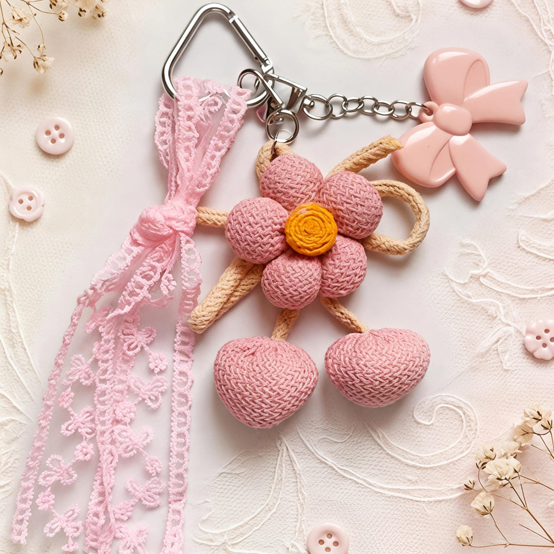 Pink Fabric Flower Charm with Bow &amp; Ribbon