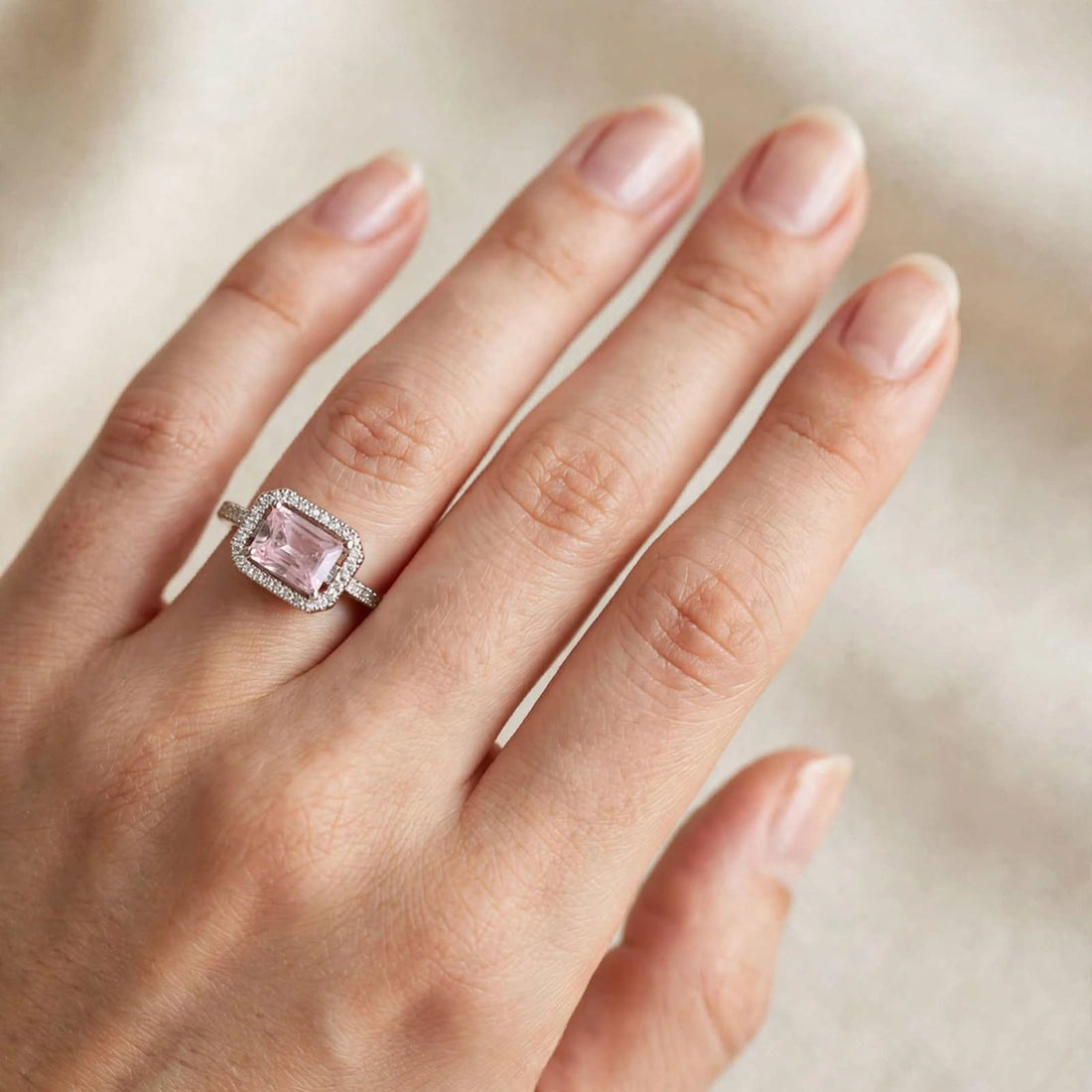 Blush Halo – Pink Emerald-Cut Ring